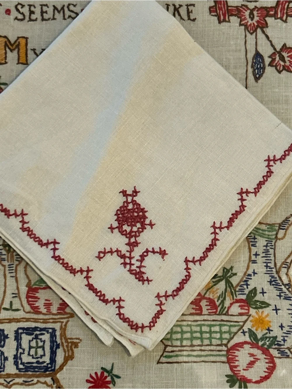 Vintage Embroidered Linen Napkin hankie doilie in Cream cross stitch Red Motif